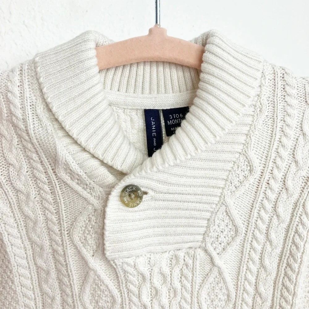 Janie and Jack Baby Romper Cream Cable Knit Shawl Collar Button Front 3-6 Months